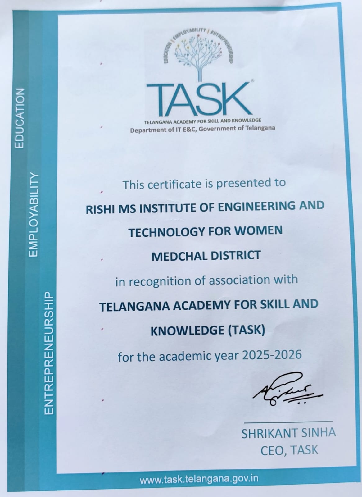 Received TASK MOU for the year 2025-26 on 20.02.2026